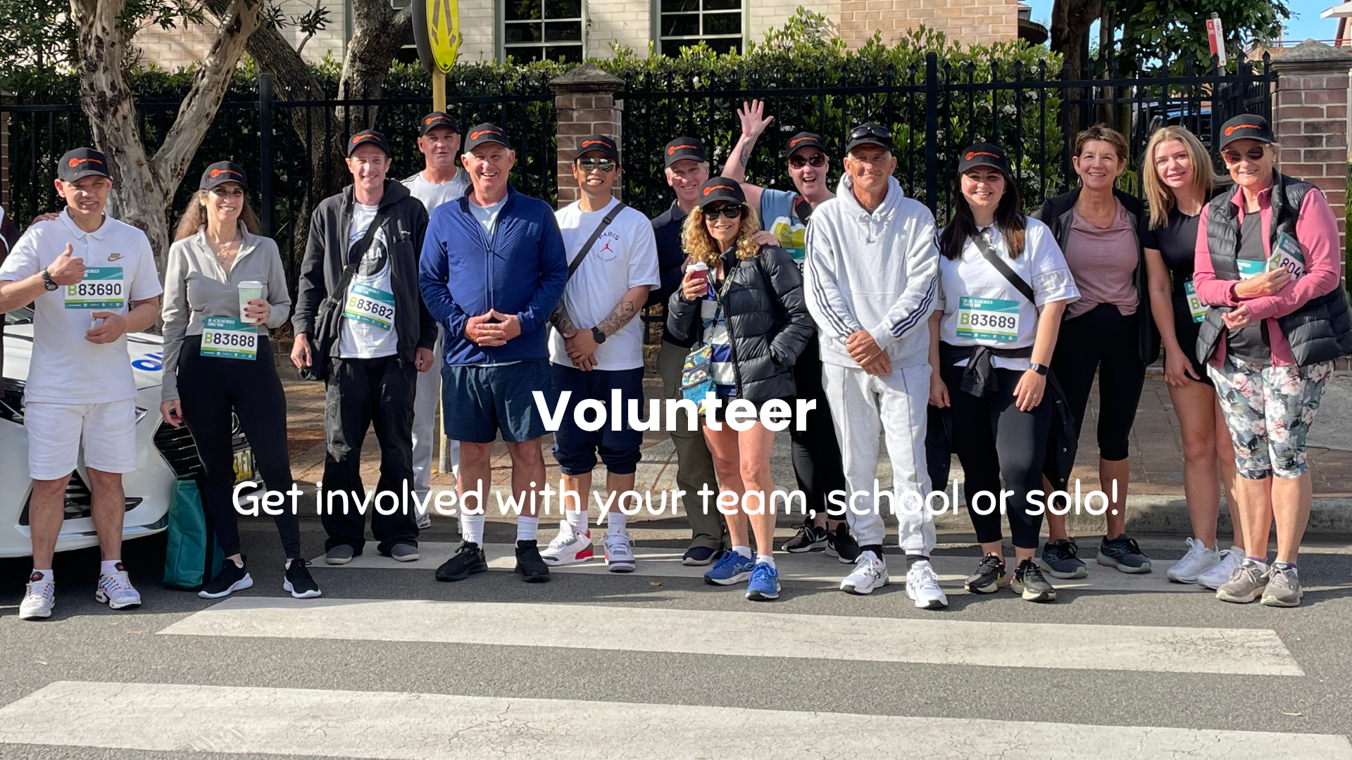 Group of volunteers posing together on a street with text encouraging involvement.